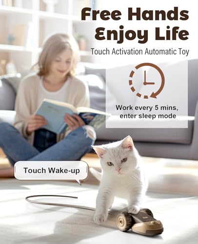 CYROS 3-in-1 Interactive Cat Toy - 2-Speed Automatic Moving Mouse Cat Toys Self Play with 2pcs Hanging Feather String Ribbon and Wiggly Silicone Mice Tail for Bored Indoor Adult Cats Kittens - color: Brown