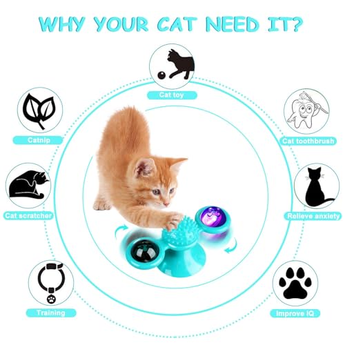 GBSYU Interactive Windmill Cat Toys with Catnip : Cat Toys for Indoor Cats Funny Kitten Toys with LED Light Ball Suction Cup‖Cat Nip Toy for Cat chew Exercise - color: Blue