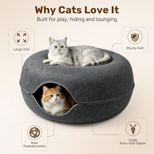 Jumbo Peekaboo Cat Cave Donut Tunnel 26" for Large Cats, Dark Grey - color: Dark Grey, size: Jumbo