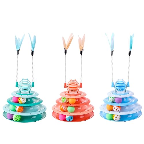 Vealind Cat Toy Roller 4-Level Turntable Cat Toys Balls with 14 Pcs Colorful Pom Pom Balls Interactive Fun Mental Physical Exercise Puzzle Kitten Toys (Orange) - color: Orange