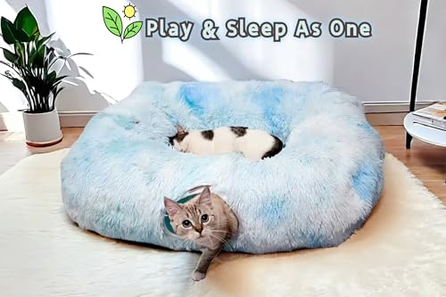 XxingSheep Extra Large Cat Tunnel Bed Plush Cat Cave for Indoor Cats - color: Azure Blue