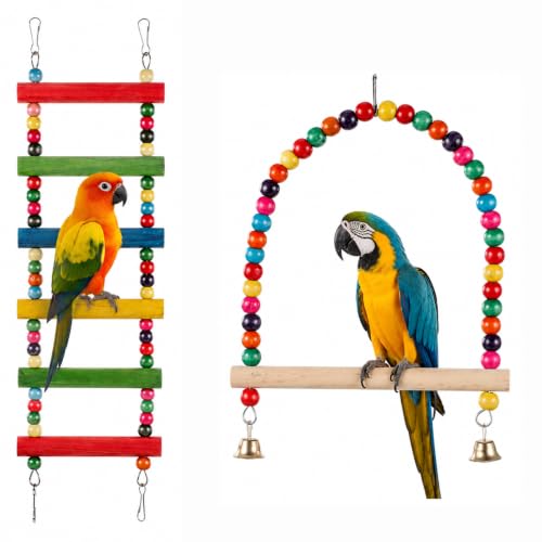 2 Pcs Bird Swing and Rainbow Color 6-Step Bird Ladder for Cage