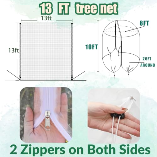 1 Pack 13x13ft Extra Large Fruit Tree Netting with Double Zipper & Double Drawstring, Heavy Duty Bird Netting for Fruit Trees, Reusable Tree Net to Protect from Birds, Squirrels, Deer - size: 13x13ft(1Pack)