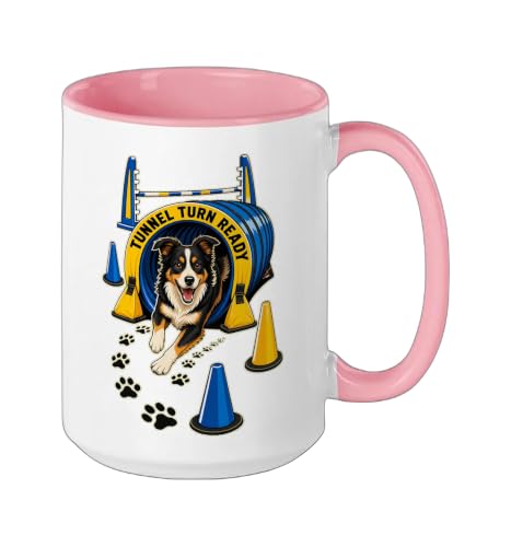 TUNNEL TURN READY Dog Agility Course, Training, Jump Bar Ceramic Mug, Pink/White, 15oz - color: Pink/White, size: 15 Ounces