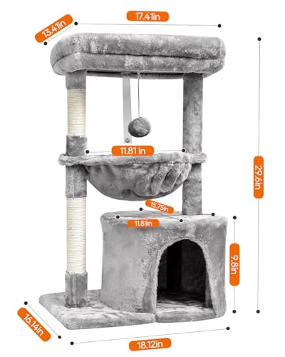 SYANDLVY Small Cat Tree for Indoor Cats, Activity Cat Tower with Scratching Post for Kittens, Modern Cat Furniture with Basket & Hanging Ball for Play Rest, Grey - color: Grey