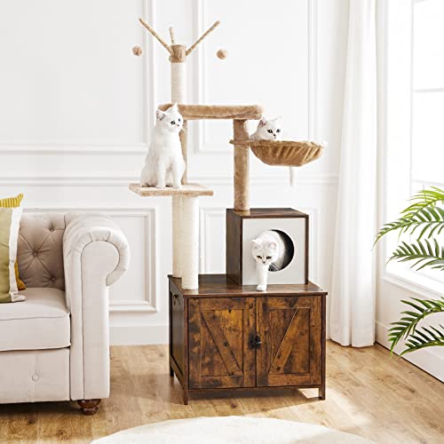 HOOBRO Cat Tree with Litter Box Enclosure for Indoor, Wooden Cat Condo with Scratching Posts, Hidden Litter Box Furniture, All-in-One Cat House, Rustic Brown FG15MZ03 - color: Rustic Brown
