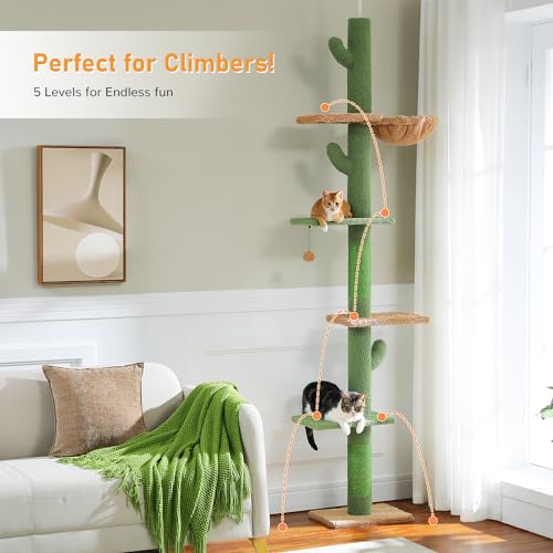 PAWZ Road Cactus Floor-to-Ceiling Cat Tree 5-Tier Cat Tower with Hammock - color: Green, size: Free Stand