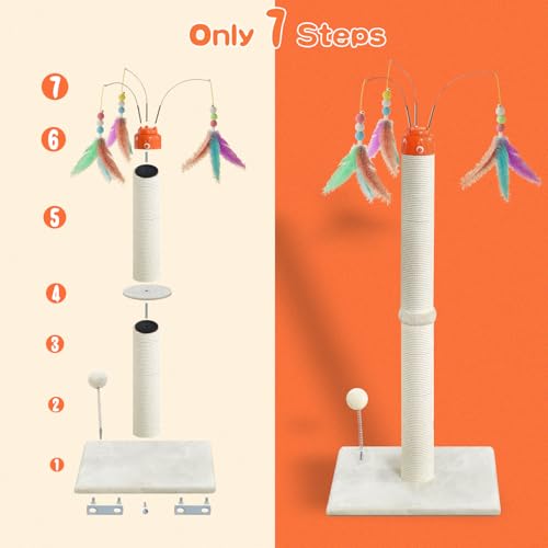 YARUOMY Cat Scratching Post ，33.4" Sisal Rope Cat Scratcher Tall Scratching Post for Indoor Cats with Interactive Cat Toys Automatic Teaser Wand and Rotating Hanging Balls - size: 33.4"H