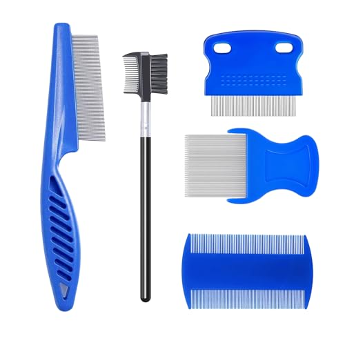 MEDUWEDU 5 Pack Flea & Lice Comb Set for Cats, Dogs & Kids – Stainless Steel Fine Tooth Nit Comb Kit with Double-Sided Tear Stain Remover, Grooming Brush & Peine para Piojos for Thick Hair (Blue) - color: Blue