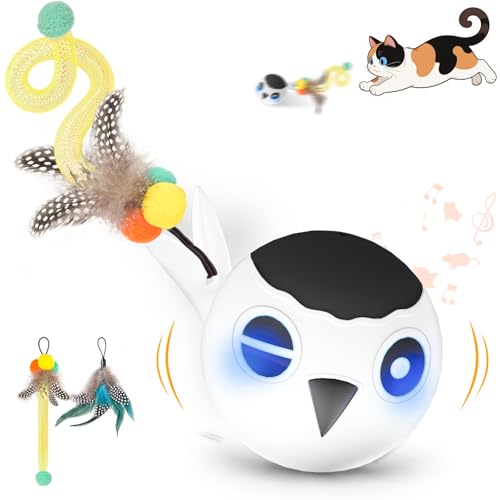Cat Ball Toy, Upgraded Smart Motion Sensor Moving Ball with 3 Speed Modes & 4 Sounds, Interactive Toy for Indoor Cats, Motion Activated, Chirping Light, 2 Feather Tails(White) - color: White