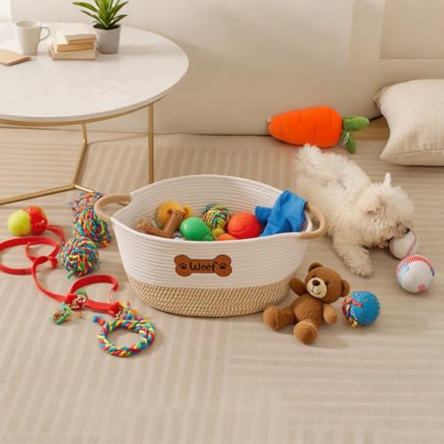 Dog Toy Basket, Dog Toy Box Organizer Baskets, Woven Cotton Rope Pet Puppy Dogs Toy Bin With Handle, Chew Toys Blankets Leashes Storage Baskets for All Pets - Puppies to Large 14" L x 10.2" W x H 7.9" - color: Yellow Woof