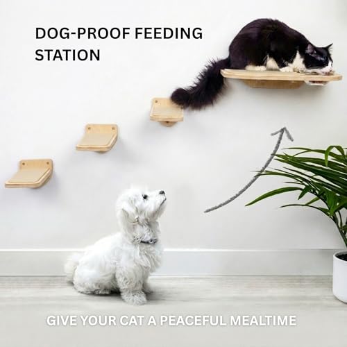 INICIO Cat Shelves - Feeding Shelf with 3 Cat Wall Steps - Natural Wood - color: Wood Brown