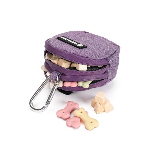 Dog Poop Bag Holder for Leashes- Dog Treat Pouch with Waterproof Zipper,Puppy Training Small Bag with Carabiner & Bungee Toggle,Two Pockets for Dry or Wet Treats-Pet Travel Walking Essentials (Purple) - color: Purple