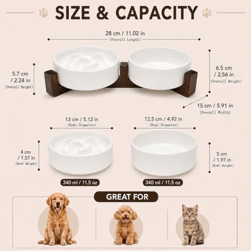 2-in-1 Ceramic Elevated Slow Feeder Dog Bowls with Acacia Wood Stand - size: Small