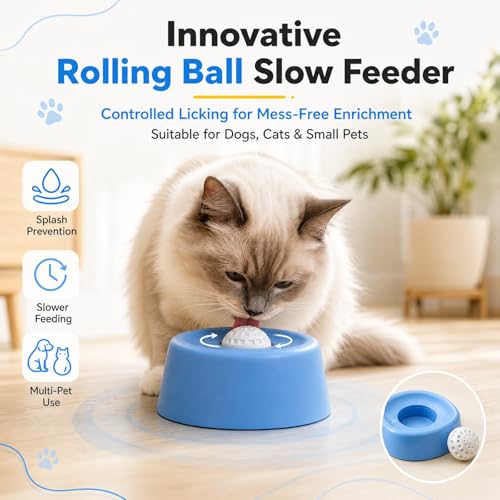 Dog & Cat Lick Bowl Slow Feeder with Rolling Ball, No-Spill Liquid Bowl for Bone Broth, Yogurt, Wet Food, Post-Op Liquid Diet, Calming Enrichment Toy for Dogs, Cats, Rabbits and Small Pets