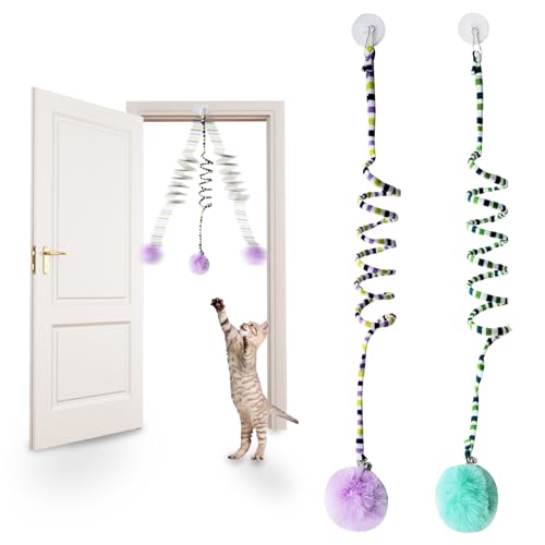 Andiker Cat Spring Toy, Self-Play Stretchable Door Hanging Cat Toy with Bell for Indoor Interactive Cat Toy, Soft Plush Ball with Spring Kitten Toy for Cat Kitten Playing Exercising (Green+Purple) - color: Green+Purple