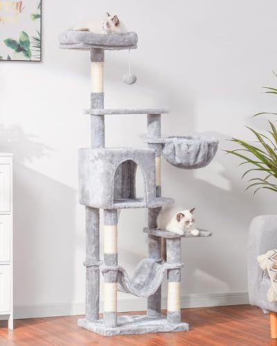 Hey-brother Cat Tree, Multi-Level Sisal Covered Scratching Posts, MPJ050W - color: Light Gray