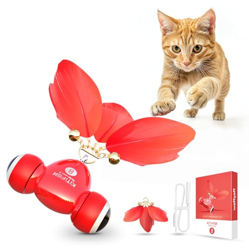 KiTiFISH 【2025 Upgrade】 Interactive Cat Toy, Automatic Cat Toy with Motion Activation, USB Rechargeable, Fast Rolling on Thin Carpet, Fun Exercise Toy for Indoor Cats, Durable Feather Tail and Bell - color: Rose red