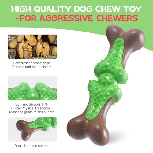 Durable Dog Chew Toys for Large Dogs - Tough Bone-Shaped Dental Chew with TPR Rubber & Wood Fiber, Teething & Aggressive Chewer Toys for Medium/Large Breed, Long-Lasting Teeth Cleaning & Stimulation - color: Green