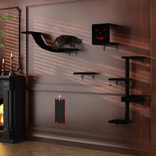 COZIWOW 5Pcs Wall Mount Cat Tree & Shelf Furniture for Cats, Black&Red - color: Red&Black