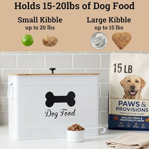 Metal Dog Food Container 15-20 lbs w/ Airtight Bamboo Lid, 70 Cup Capacity - color: White: Bone