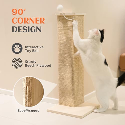 PETKARAY Couch Corner Cat Scratcher, 22'' Corner Scratching Post Cat Wall Scratcher, Sisal Scratch Pad for Sofa, Wall Furniture Protector with Toy Ball - color: Corner, size: Medium