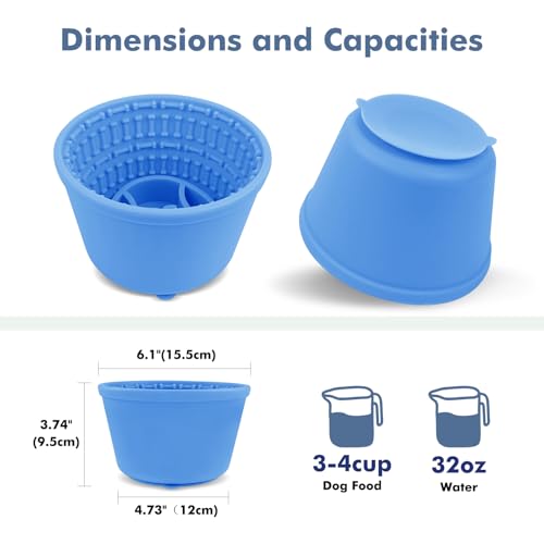 Large Silicone Slow Feeder Dog Bowls, Non-Slip Dog Slow Feeder Lick Bowl for Medium Large Breed, Enrichment Toys for Distraction, Anxiety Relief & Enrichment (Blue, 4.2 Cup)