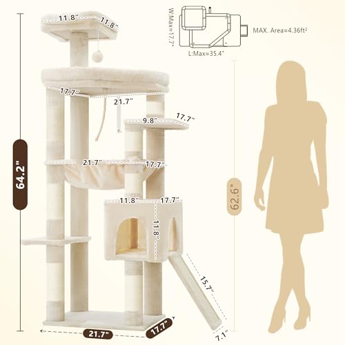Heybly 64.2" Heavy-Duty Cat Tree for Large Cats with Wide Base HCT027M - color: Beige, size: 64.2 inch