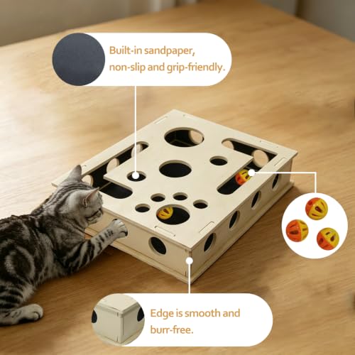 Cat Scratch Puzzle Enrichment Box，Cat Scratching Toy with Bell-Bearing Balls，Built-in Sandpaper，Alternative to Stress-Free Nail Trimming，Cat Indoor Interactive Toy