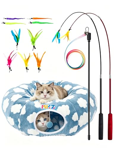 Cat Tunnel Bed with Toys – Large Collapsible Play Tube (Blue) - color: Cozy Clouds Blue