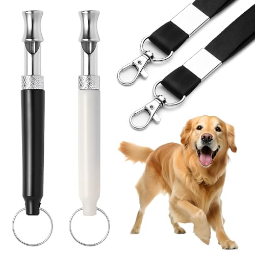 2 Pack Dog Whistle - Dog Whistle to Stop Barking Neighbor's Dog & Long Range Recall, Adjustable Ultrasonic Silent Dog Whistle with Lanyard for Training Recall, Professional Obedience (Black & White)