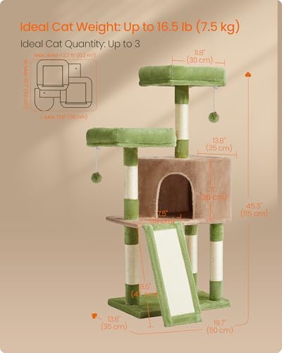 Feandrea Cat Tree, 45.3-Inch Cute Cat Tower, Climbing Condo, Green & Brown - color: Grass Green + Camel Brown