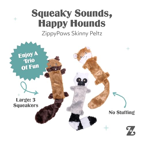 ZippyPaws Skinny Peltz No Stuffing Dog Toy Pack to Keep Them Busy - 18" - style: Chipmunk, Lemur, Monkey - Large (3-pack)