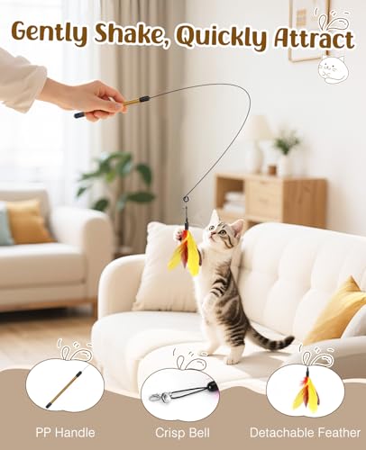 Pawaboo Cat Feather Wand Interactive Toy, 2 Feathers + 1 Wand with Bell - color: Yellow + Red Brown
