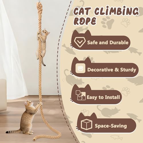 2" x9.8Ft Cat Climbing Rope with Hook, Natural Sisal Ceiling & Wall - size: 9.8FT