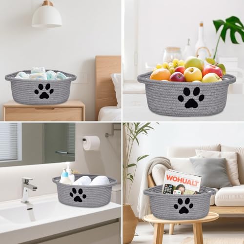 Small Woven Dog Toy Basket with Handle, Cute Paw - color: Grey