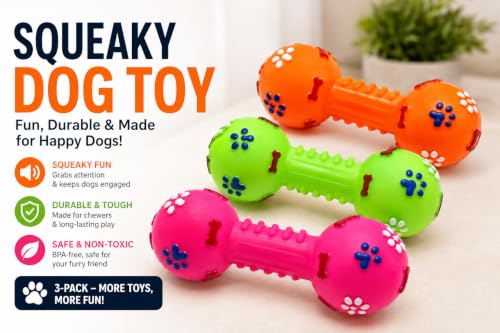 Squeaky Chew Toy for Dogs, 3 Pack, Durable Rubber Dog Toys, Dental Chew Toys, Interactive Squeaky Toy, Safe & Non-Toxic, Small to Medium Dogs