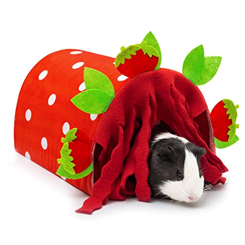 Guinea Pig Hideout, Soft Fleece Strawberry Pet Bed & Tunnel House - color: Pink