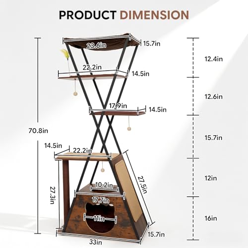 71" Modern Wood Cat Tree for Large Cats - Heavy Duty Tall Cat Tower for Indoor Cats, Multi-Level Cat Furniture with Spacious Condo, Large Perch, Scratching Posts & Hammock (Brown) - color: brown