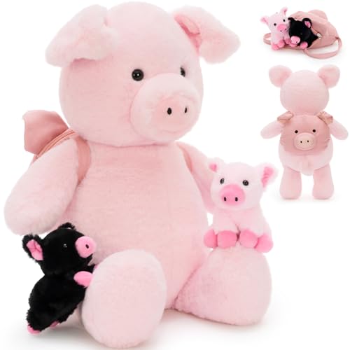 Pig Stuffed Animal with 2 Babies and Backpack, 21 Inch Pink Plush - style: Pig Backpack