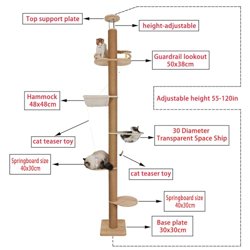 Floor to Ceiling Cat Tree Height (50-120.5in) Adjustable Cat Tower 5 Tier Hemp Scratching Post High Cat Tree Sturdy Activity Tree Indoor Outdoor Cat Scratching Post Activity Center - size: 5-tier cat tree