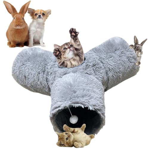 3-Way Collapsible Cat Tunnel Tube Toy Grey Plush - color: Grey Plush