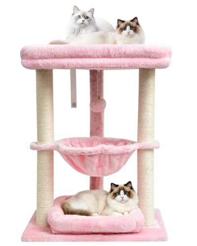 SYANDLVY Small Cat Tree for Indoor Cats with Top Perch Hammock & Bottom Bed - color: Pink