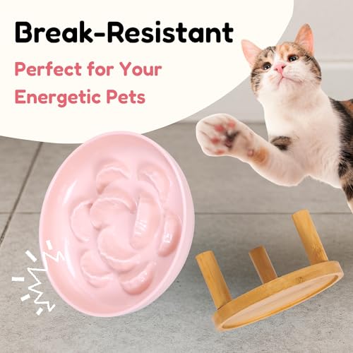 Slow Feeder Bowl, 6.3″ Elevated Cat Bowl with Stand, Melamine Wide Shallow Food Bowl, Whisker-Friendly Raised Plate, Wet Food Feeder for Slow Eating (Pink) - color: Pink, size: 6.3''W x 5''H