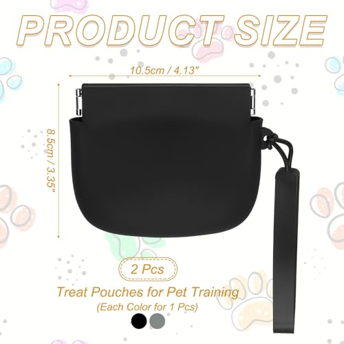 Silicone Dog Treat Pouch, Auto Closure, Pocket Size, Portable Walking Bag for Dog and Cat 4x3 Inch (Black/Gray, 2Pcs), Intended for Pet Travel/Training/Walking - color: Black/Gray