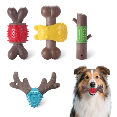 Durable Dog Chew Toys for Large Dogs - Tough Bone-Shaped Dental Chew with TPR Rubber & Wood Fiber, Teething & Aggressive Chewer Toys for Medium/Large Breed, Long-Lasting Teeth Cleaning (4 Pack Set) - color: 4 Styles Set