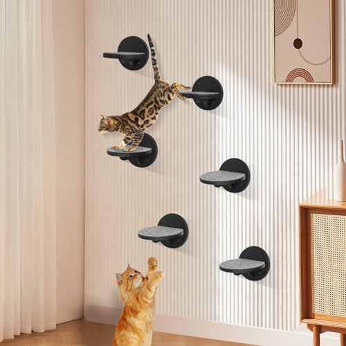 Cat Wall Shelves Furniture Set of 6, Wooden Cat Steps for with Scratching Pad, Sturdy Floating Climber Ladder Stairs, Cats Climbing Wall Systems for Cats Sleep Climb Play - color: black