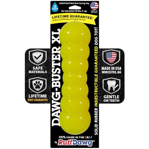 Ruff Dawg Indestructible Dawg-Buster XL Yellow – Heavy-Duty Solid Rubber Dog Chew Stick for Dogs Under 40 lbs – Floats & Bounces – Made in USA - color: Yellow, size: XL 12”