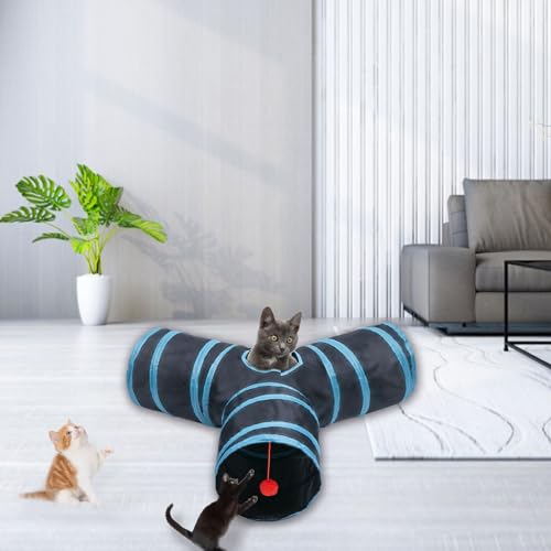 Cat Tunnel Tube Toys, 3 Ways Tunnels for Indoor Cats with Play Ball - color: 3 Way Black Blue