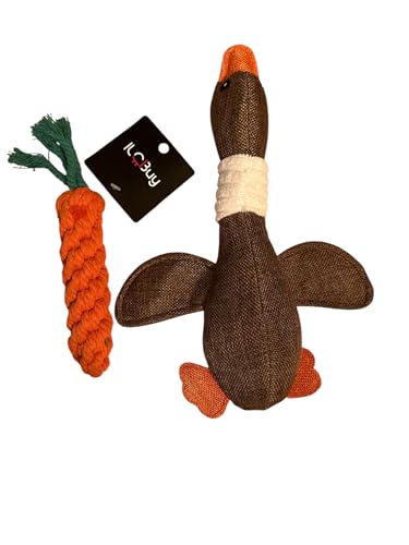 Dog Toy Bundle – 2 Durable Plush Squeaky Goose Toys + 1 Carrot Rope Chew Toy – Interactive Play Set for Small & Medium Dogs